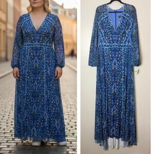NWT TADASHI SHOJI DRESS BLUE BOHO BOHEMIAN LONGLINE MAXI GOWN LONG WESTERN FLOWY